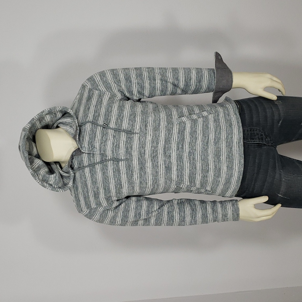 VISSLA GRAY WHITE STRIPE FLEECE PULLOVER HOODIE MEN'S S